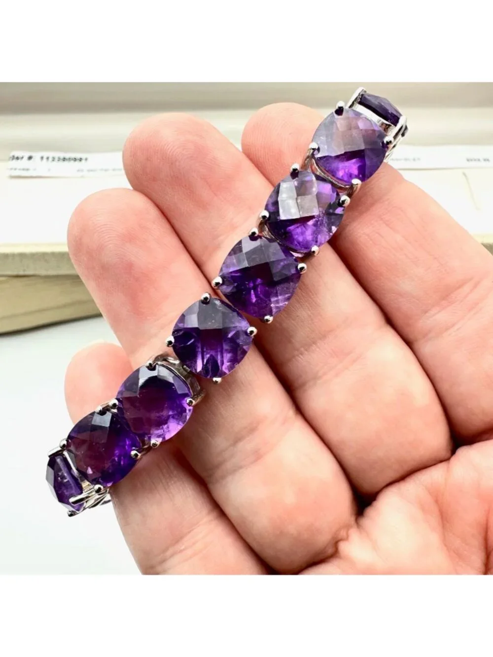 African Amethyst Sterling Silver Bracelet 55 Carats Cushion Cut Checkerboard